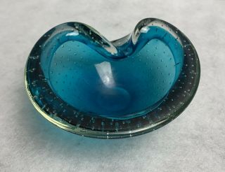 Vintage Murano Bullicante Teal Blue Controlled Bubble Glass Ashtray/bowl