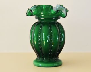 Vintage Fenton Melon Ivy Overlay Green Beaded Vase 4 " /