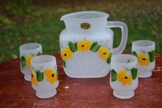 Vtg Hazel Atlas Frosted Glass Gay Fad Yellow Sunflower Pitcher & 4 Glasses