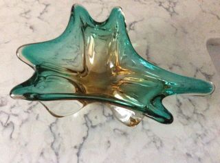 Vintage Mid - Century Modern Abstract Thick Turquoise & Gold Murano Art Glass Bowl