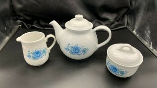 Corelle Coordinates Stoneware Blue Rose Teapot Sugar Bowl With Lid & Creamer