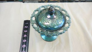 Vintage Indiana Glass Blue Harvest Grape Lace Edge Footed Candy Dish With Lid