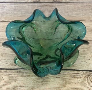 Vtg Murano Art Glass Large Blue Green Turquoise Flower Edged Bowl