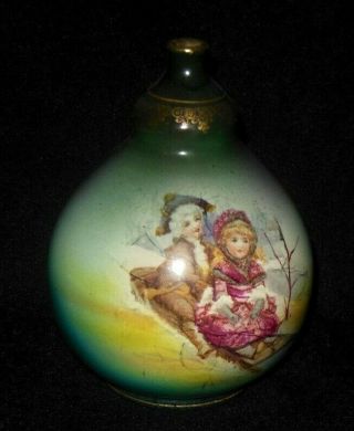 Royal Bonn Germany Hand Decorated Round Vase Colonial Children On Sled 1890