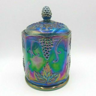 Vintage Indiana Glass Covered Candy Jar Harvest Grape Carnival Iridescent Blue