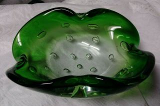 Vtg Archimedes Seguso Green Murano Art Glass Clam Shell Bowl Controlled Bubble