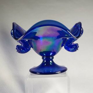Fenton Cobalt Blue Carnival Double Dolphin Handle Footed Compote