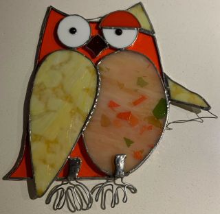 Vintage Whimsical Owl Stained Glass Hanging Mid Century Modern Object 60s 70s