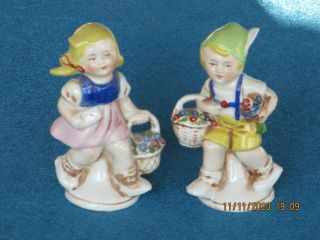 Vintage 3 " Porcelain Girl & Boy Figurines With Flower Baskets Signed Germany