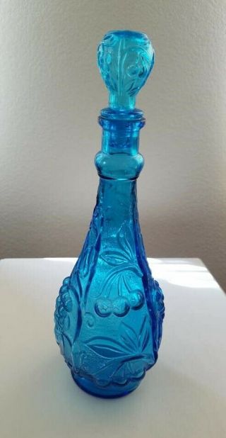 Vintage Blue Rossini Empoli Glass Decanter Genie Bottle Cherry & Grape Design