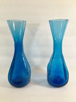 2 Vintage Blenko Crackle Glass Square Pinched Corners Blue Vases