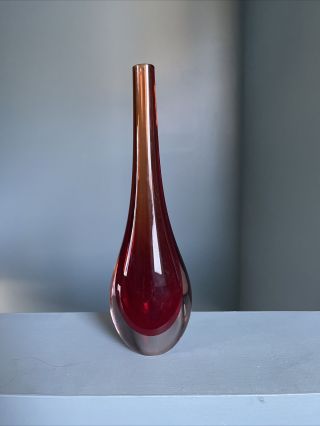 Vintage Italian Murano Sommerso Art Glass Stem Vase Red Orange Ombré 10”