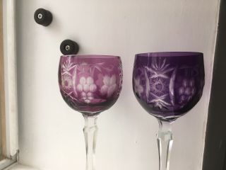 Set Of 2 Hock Wine Amethyst Purple Cut To Clear Ajka Marsala,  Nachtmann Traube