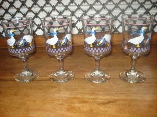 Set Of 4 Vintage Libbey Corelle Duck Geese Wine Glasses Stemware Country Hearts