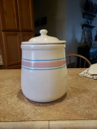 Mccoy Pottery Cream Blue & Pink Stripe Canister Cookie Jar Crock W/ Lid 9 Inch