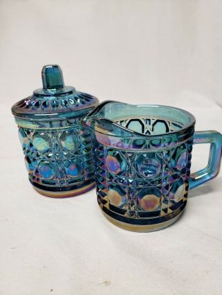 Vintage Iridescent Indiana Glass Sugar Bowl & Creamer Set,  Blue Carnival Glass