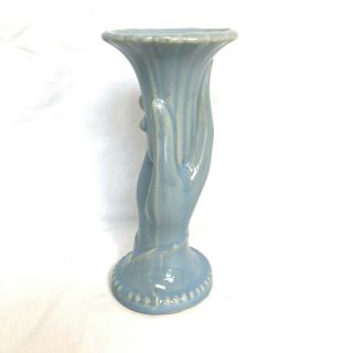 Shawnee Usa Pottery Hand Holding Trumpet Flower Blue Ceramic Vase 7 "