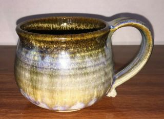 Stoneware Pottery 3¾ " Coffee Mug Applied Handle Drip Glaze Unknown Artist