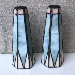 Leaded Stained Glass Bud Vases Art Deco Style Blue Pink