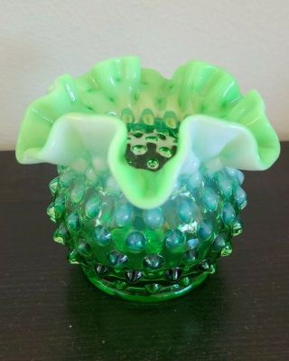 Fenton Opalescent Green Glass Hobnail Double Crimped Small Vase 3 " H