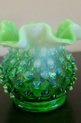 Fenton Opalescent Green Glass Hobnail Double Crimped Small Vase 3 