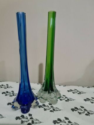 Vintage Mid Century Cobalt Blue Green Clear Twisted Hand Blown Flower Bud Vases
