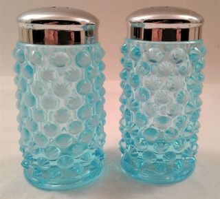 Vintage Fenton Glass Hobnail Blue Opalescent Salt Pepper Shakers