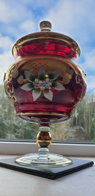 Vintage Murano Glass Red&gold Ruby Lustre Bowl Dish With Lid Gold Flowers