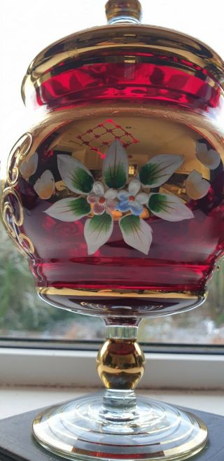 VINTAGE MURANO GLASS RED&GOLD Ruby LUSTRE Bowl Dish with Lid Gold Flowers 2
