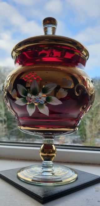 VINTAGE MURANO GLASS RED&GOLD Ruby LUSTRE Bowl Dish with Lid Gold Flowers 3