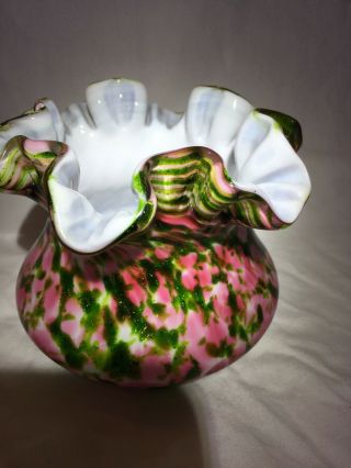 Vtg Fenton Murrhina Pink &green End - Of - Day Ruffled Art Vase