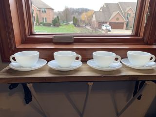 Set Of 4 Vintage Pyrex White Milk Glass 8 Oz Mugs Coffee Tea Cups And Saucers