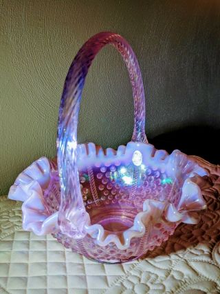 Fenton Pink Chiffon French Opalescent Handled Hobnail Basket With Ruffled Rim