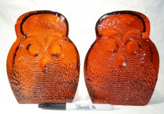 Blenko Amber Owl Bookends Pair - Heavy Glass