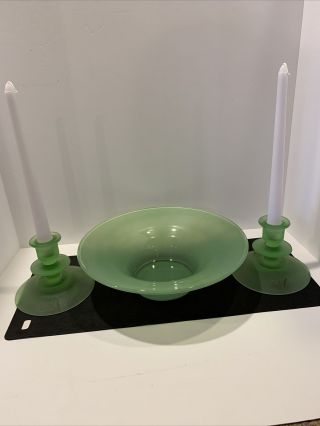 Vintage Green Satin Glass Console Set Candle Holders Bowl Vaseline? Uranium?