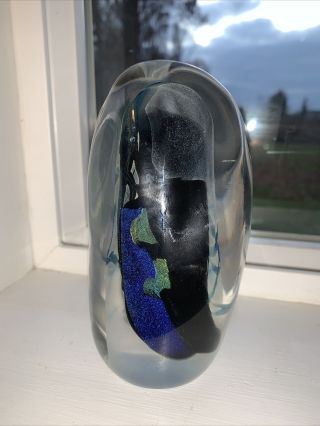 Vtg R.  Rousseau 92 Studio Art Glass Paperweight Signed Abstract Blue 5” Tall