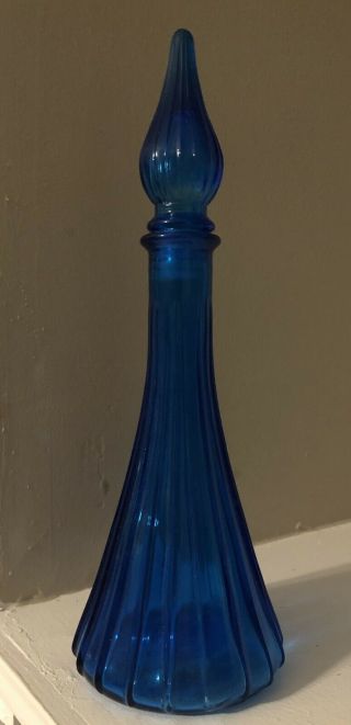 Vintage Mcm 11” Empoli Glass Genie Bottle Decanter Ribbed Blue