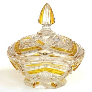 Czech Bohemian Lidded Candy Dish Amber Details Clear Glass Vanity Trinket Bowl