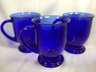 Set 3 Vintage Cobalt Blue Anchor Hocking Glass Pedestal Coffee Tea Mugs 12 Oz.