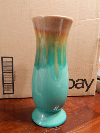 Vintage 10 " Aqua Blue And Brown Drip Glaze Vase