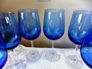 Cobalt Blue And Clear Stem 6 Wine Water Glasses Tumblers 9 - 1/4 " Tall 16.  Oz