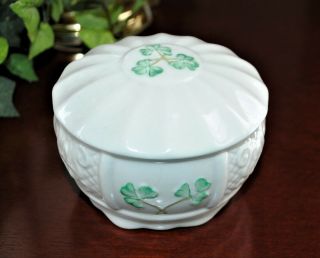 Vintage Belleek Irish " Nadine " Round Porcelain Trinket Box W/lid Green Shamrocks