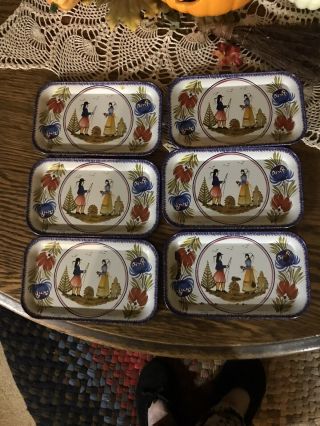 Henriot Quimper Massilly France Metal Trays Or Bread Plates Man & Woman Set Of 6