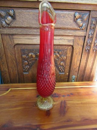 Vintage Mid Century Art Glass - Tall Red And Yellow Wide Mouth Bud Vase 15.  75”
