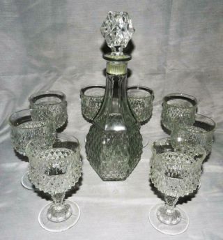 Vintage Indiana Glass Diamond Point Crystal Decanter & 8 Wine Goblets Set