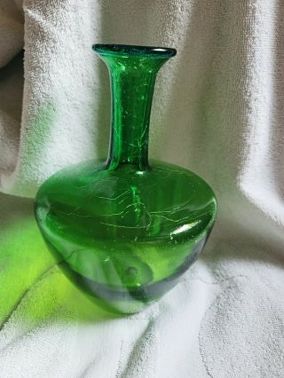 Vintage Blenko Crackle Glass Green Vase,  9 " X 5 " Center Piece Or Table