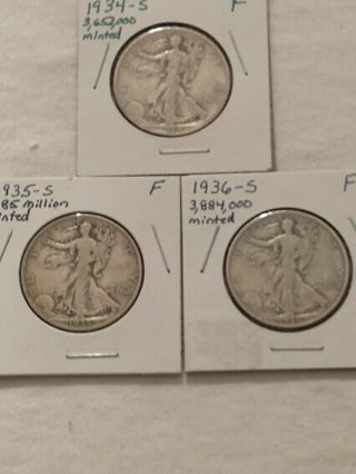 1934 - S,  1935 - S,  And 1936 - S Walking Liberty Half Dollars,  All Fine