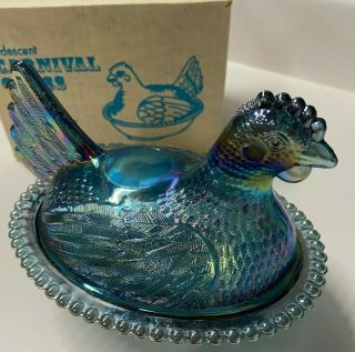 Vintage Iridescent Blue Indiana Carnival Glass Hen On Nest Candy Dish - :)