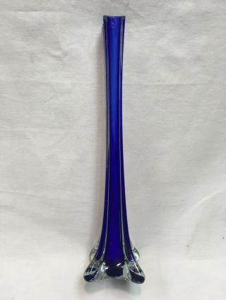Large Vintage Clear To Cobalt Blue Cased Glass Vase Hand Blown Ground Lip 12 "