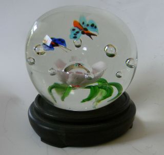 Vintage 3 " Hand Blown Glass Paperweight Flower Butterfly Wooden Stand